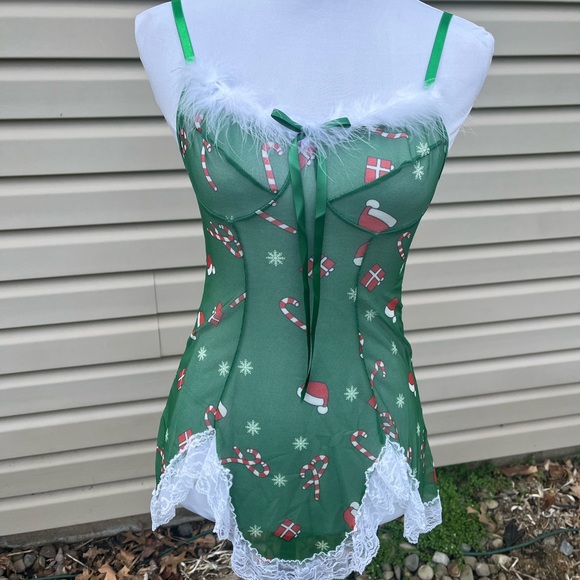 NWT Green Christmas Print Lingerie Santa Lace Babydoll Chemise Sleepwear - Picture 7 of 13